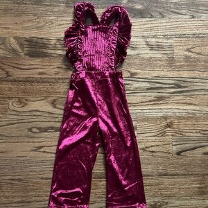 Velvet Ruffled Jumpsuit in Dark red